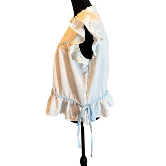 Women's Kori America White & Blue Ruffle Blouse L Super Sweet - Picture 4 of 8